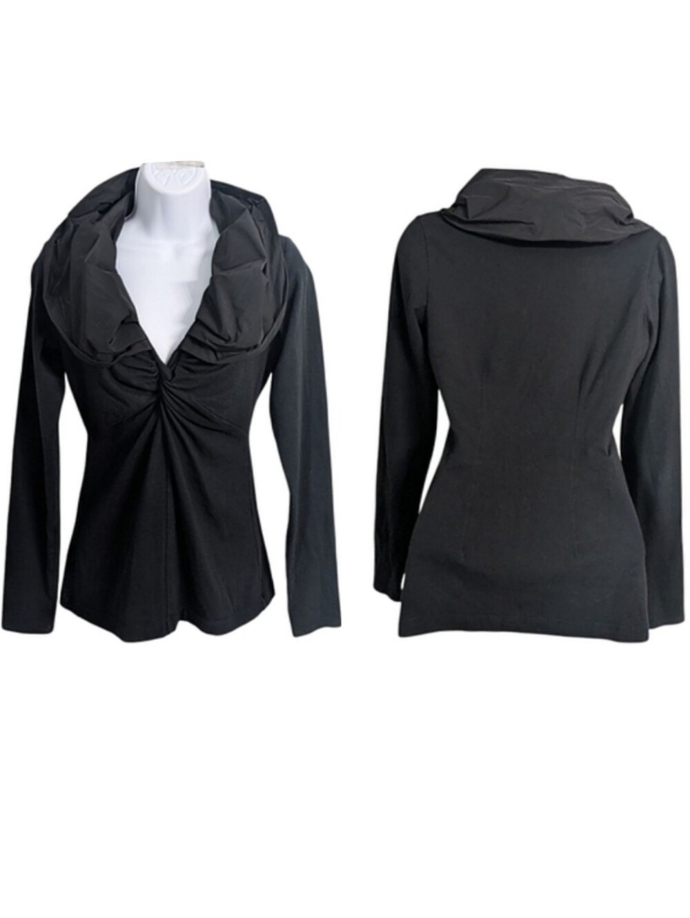 CAbi Black Ruched Long Sleeve Top Size S Puff Collar Slim Fit Flattering Party